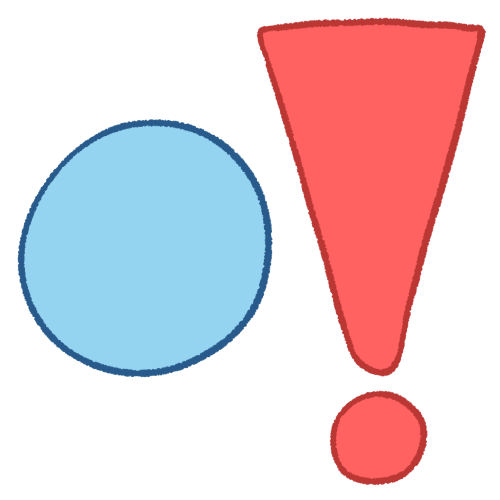 A drawing of a large light blue circle next to a larger pink exclamation point. 